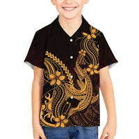 Gold Black Aloha Hawaii Family Matching Tank Maxi Dress and Hawaiian Shirt Polynesian Shark Tattoo With Plumeria - Polynesian Pride