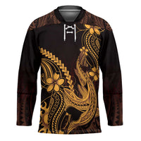 Gold Black Aloha Hawaii Hockey Jersey Polynesian Shark Tattoo With Plumeria - Polynesian Pride