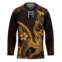 Gold Black Aloha Hawaii Hockey Jersey Polynesian Shark Tattoo With Plumeria LT14 Unisex Gold - Polynesian Pride