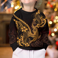 Gold Black Aloha Hawaii Kid Ugly Christmas Sweater Polynesian Shark Tattoo With Plumeria - Polynesian Pride