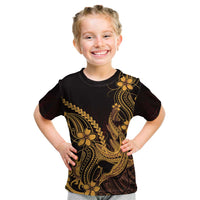 Gold Black Aloha Hawaii Kid T Shirt Polynesian Shark Tattoo With Plumeria LT14 Gold - Polynesian Pride