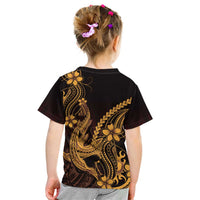 Gold Black Aloha Hawaii Kid T Shirt Polynesian Shark Tattoo With Plumeria - Polynesian Pride