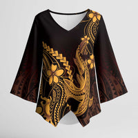 Gold Black Aloha Hawaii Kimono Sleeve Blouse - Polynesian Shark Tattoo With Plumeria LT14 Female Gold - Polynesian Pride