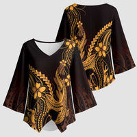 Gold Black Aloha Hawaii Kimono Sleeve Blouse - Polynesian Shark Tattoo With Plumeria LT14 - Polynesian Pride