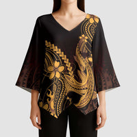 Gold Black Aloha Hawaii Kimono Sleeve Blouse - Polynesian Shark Tattoo With Plumeria LT14 - Polynesian Pride
