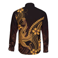 Gold Black Aloha Hawaii Long Sleeve Button Shirt Polynesian Shark Tattoo With Plumeria LT14 - Polynesian Pride