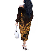 Gold Black Aloha Hawaii Off The Shoulder Long Sleeve Dress Polynesian Shark Tattoo With Plumeria - Polynesian Pride