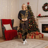 Gold Black Aloha Hawaii Christmas Pajama Set Polynesian Shark Tattoo With Plumeria - Polynesian Pride