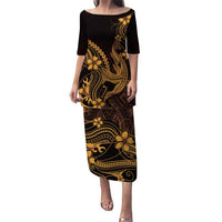 Gold Black Aloha Hawaii Puletasi Polynesian Shark Tattoo With Plumeria LT14 Long Dress Gold - Polynesian Pride