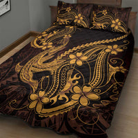 Gold Black Aloha Hawaii Quilt Bed Set Polynesian Shark Tattoo With Plumeria - Polynesian Pride