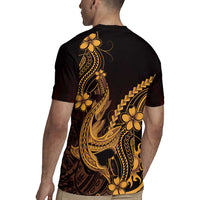 Gold Black Aloha Hawaii Rugby Jersey Polynesian Shark Tattoo With Plumeria LT14 - Polynesian Pride