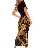 Gold Black Aloha Hawaii Short Sleeve Bodycon Dress Polynesian Shark Tattoo With Plumeria - Polynesian Pride