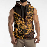 Gold Black Aloha Hawaii Sleeveless Zip Hoodie Polynesian Shark Tattoo With Plumeria LT14 - Polynesian Pride