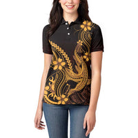 Gold Black Aloha Hawaii Women Polo Shirt Polynesian Shark Tattoo With Plumeria - Polynesian Pride