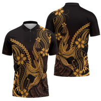 Gold Black Aloha Hawaii Zipper Polo Shirt Polynesian Shark Tattoo With Plumeria - Polynesian Pride