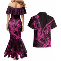 Pink Black Aloha Hawaii Couples Matching Mermaid Dress and Hawaiian Shirt Polynesian Shark Tattoo With Plumeria - Polynesian Pride