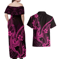 Pink Black Aloha Hawaii Couples Matching Off Shoulder Maxi Dress and Hawaiian Shirt Polynesian Shark Tattoo With Plumeria - Polynesian Pride
