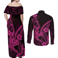 Pink Black Aloha Hawaii Couples Matching Off Shoulder Maxi Dress and Long Sleeve Button Shirt Polynesian Shark Tattoo With Plumeria - Polynesian Pride