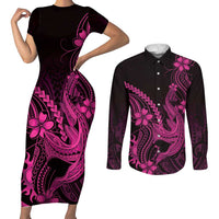 Pink Black Aloha Hawaii Couples Matching Short Sleeve Bodycon Dress and Long Sleeve Button Shirt Polynesian Shark Tattoo With Plumeria - Polynesian Pride