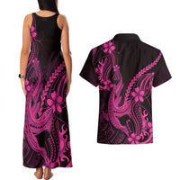 Pink Black Aloha Hawaii Couples Matching Tank Maxi Dress and Hawaiian Shirt Polynesian Shark Tattoo With Plumeria - Polynesian Pride