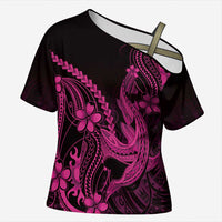 Pink Black Aloha Hawaii Cross Shoulder Shirt Polynesian Shark Tattoo With Plumeria LT14 Female Pink - Polynesian Pride