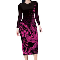 Pink Black Aloha Hawaii Family Matching Long Sleeve Bodycon Dress and Hawaiian Shirt Polynesian Shark Tattoo With Plumeria - Polynesian Pride