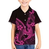 Pink Black Aloha Hawaii Family Matching Off The Shoulder Long Sleeve Dress and Hawaiian Shirt Polynesian Shark Tattoo With Plumeria - Polynesian Pride