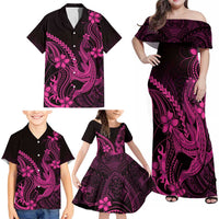 Pink Black Aloha Hawaii Family Matching Off Shoulder Maxi Dress and Hawaiian Shirt Polynesian Shark Tattoo With Plumeria - Polynesian Pride