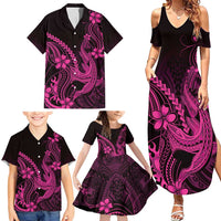 Pink Black Aloha Hawaii Family Matching Summer Maxi Dress and Hawaiian Shirt Polynesian Shark Tattoo With Plumeria - Polynesian Pride
