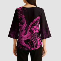 Pink Black Aloha Hawaii Kimono Sleeve Blouse - Polynesian Shark Tattoo With Plumeria LT14 - Polynesian Pride