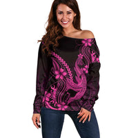 Pink Black Aloha Hawaii Off Shoulder Sweater Polynesian Shark Tattoo With Plumeria - Polynesian Pride