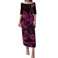 Pink Black Aloha Hawaii Puletasi Polynesian Shark Tattoo With Plumeria LT14 Long Dress Pink - Polynesian Pride