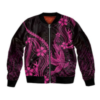 Pink Black Aloha Hawaii Sleeve Zip Bomber Jacket Polynesian Shark Tattoo With Plumeria - Polynesian Pride