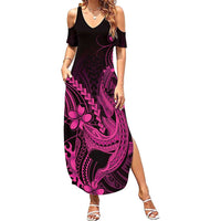 Pink Black Aloha Hawaii Summer Maxi Dress Polynesian Shark Tattoo With Plumeria LT14 Women Pink - Polynesian Pride