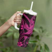 Pink Black Aloha Hawaii Tumbler With Handle Polynesian Shark Tattoo With Plumeria - Polynesian Pride