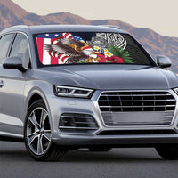 United States and American Samoa Auto Sun Shade USA Flag Eagle With Seal Tropical Flowers LT14 - Polynesian Pride