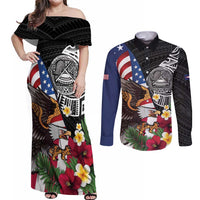 United States and American Samoa Couples Matching Off Shoulder Maxi Dress and Long Sleeve Button Shirt USA Flag Eagle With Seal Tropical Flowers
