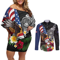 United States and American Samoa Couples Matching Off Shoulder Short Dress and Long Sleeve Button Shirt USA Flag Eagle With Seal Tropical Flowers
