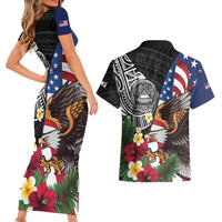 United States and American Samoa Couples Matching Short Sleeve Bodycon Dress and Hawaiian Shirt USA Flag Eagle With Seal Tropical Flowers