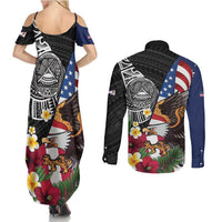 United States and American Samoa Couples Matching Summer Maxi Dress and Long Sleeve Button Shirt USA Flag Eagle With Seal Tropical Flowers