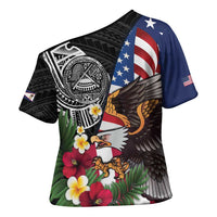 United States and American Samoa Cross Shoulder Shirt USA Flag Eagle With Seal Tropical Flowers LT14 - Polynesian Pride