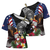 United States and American Samoa Cross Shoulder Shirt USA Flag Eagle With Seal Tropical Flowers LT14 - Polynesian Pride
