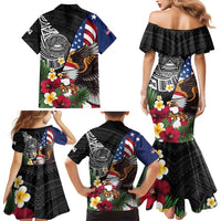 United States and American Samoa Family Matching Mermaid Dress and Hawaiian Shirt USA Flag Eagle With Seal Tropical Flowers