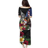 United States and American Samoa Family Matching Puletasi and Hawaiian Shirt USA Flag Eagle With Seal Tropical Flowers