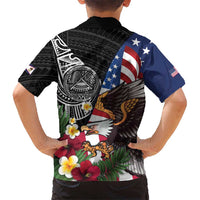 United States and American Samoa Family Matching Summer Maxi Dress and Hawaiian Shirt USA Flag Eagle With Seal Tropical Flowers