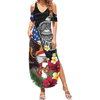 United States and American Samoa Family Matching Summer Maxi Dress and Hawaiian Shirt USA Flag Eagle With Seal Tropical Flowers