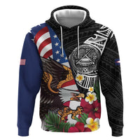 United States and American Samoa Hoodie USA Flag Eagle With Seal Tropical Flowers LT14 Pullover Hoodie Black - Polynesian Pride