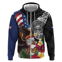 United States and American Samoa Hoodie USA Flag Eagle With Seal Tropical Flowers LT14 Zip Hoodie Black - Polynesian Pride