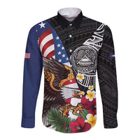 United States and American Samoa Long Sleeve Button Shirt USA Flag Eagle With Seal Tropical Flowers LT14 Unisex Black - Polynesian Pride