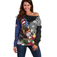 United States and American Samoa Off Shoulder Sweater USA Flag Eagle With Seal Tropical Flowers